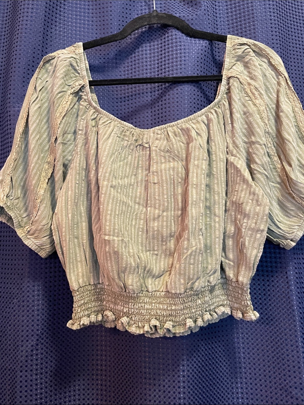 Striped Sage Smocked-Hem Peasant Crop Top - Picture 1 of 11